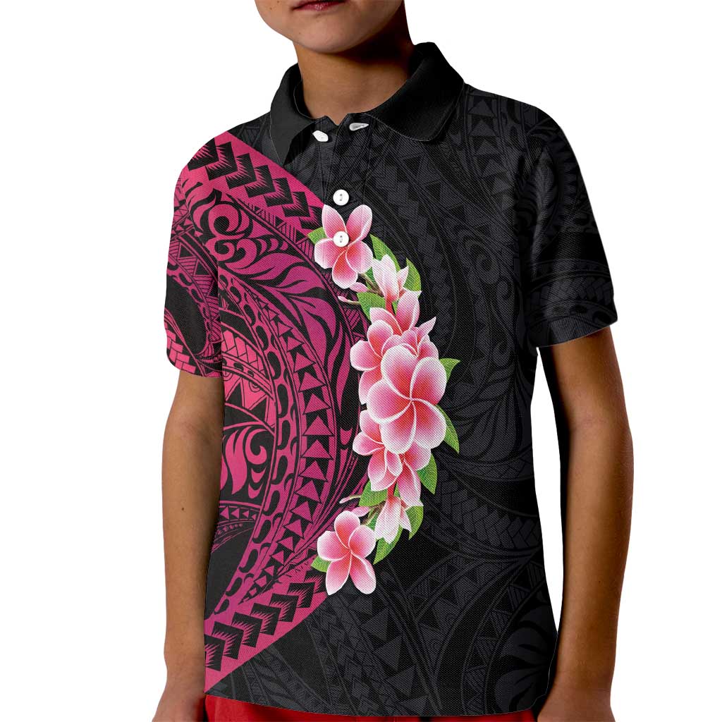 Hawaiian Tropical Plumeria Art Polynesian Tattoo Kid Polo Shirt Black and Bright Pink Color LT03 Kid Pink - Polynesian Pride