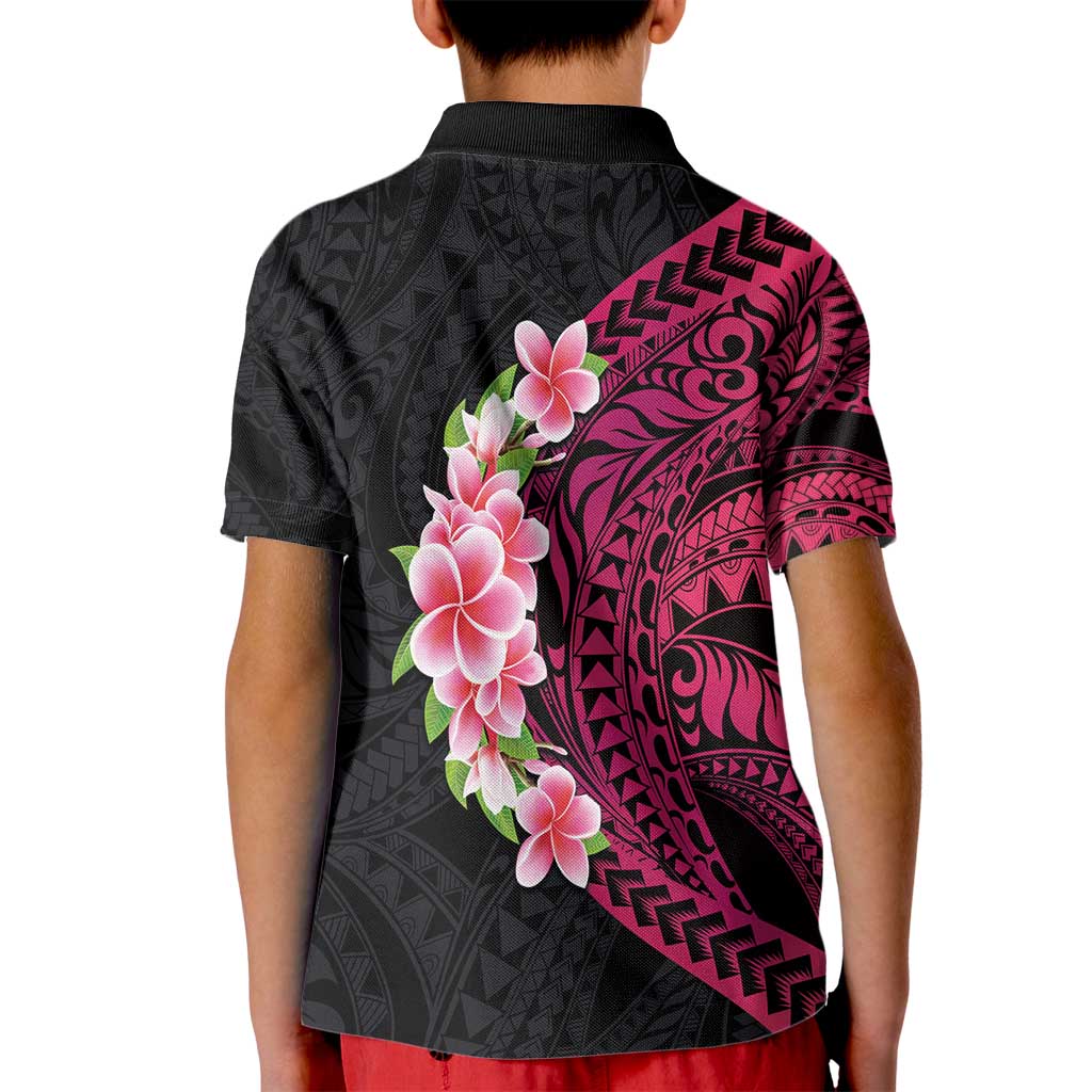 Hawaiian Tropical Plumeria Art Polynesian Tattoo Kid Polo Shirt Black and Bright Pink Color LT03 - Polynesian Pride