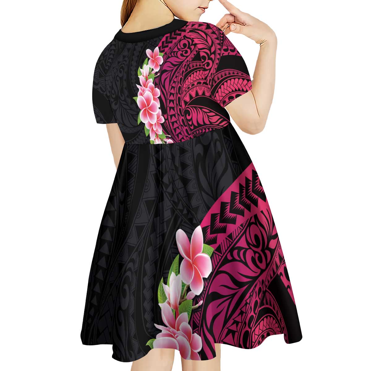 Hawaiian Tropical Plumeria Art Polynesian Tattoo Kid Short Sleeve Dress Black and Bright Pink Color LT03 - Polynesian Pride