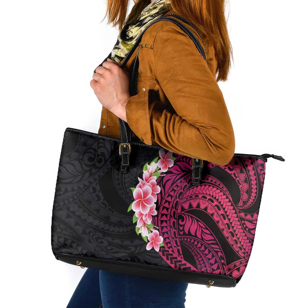 Hawaiian Tropical Plumeria Art Polynesian Tattoo Leather Tote Bag Black and Bright Pink Color LT03 Pink - Polynesian Pride