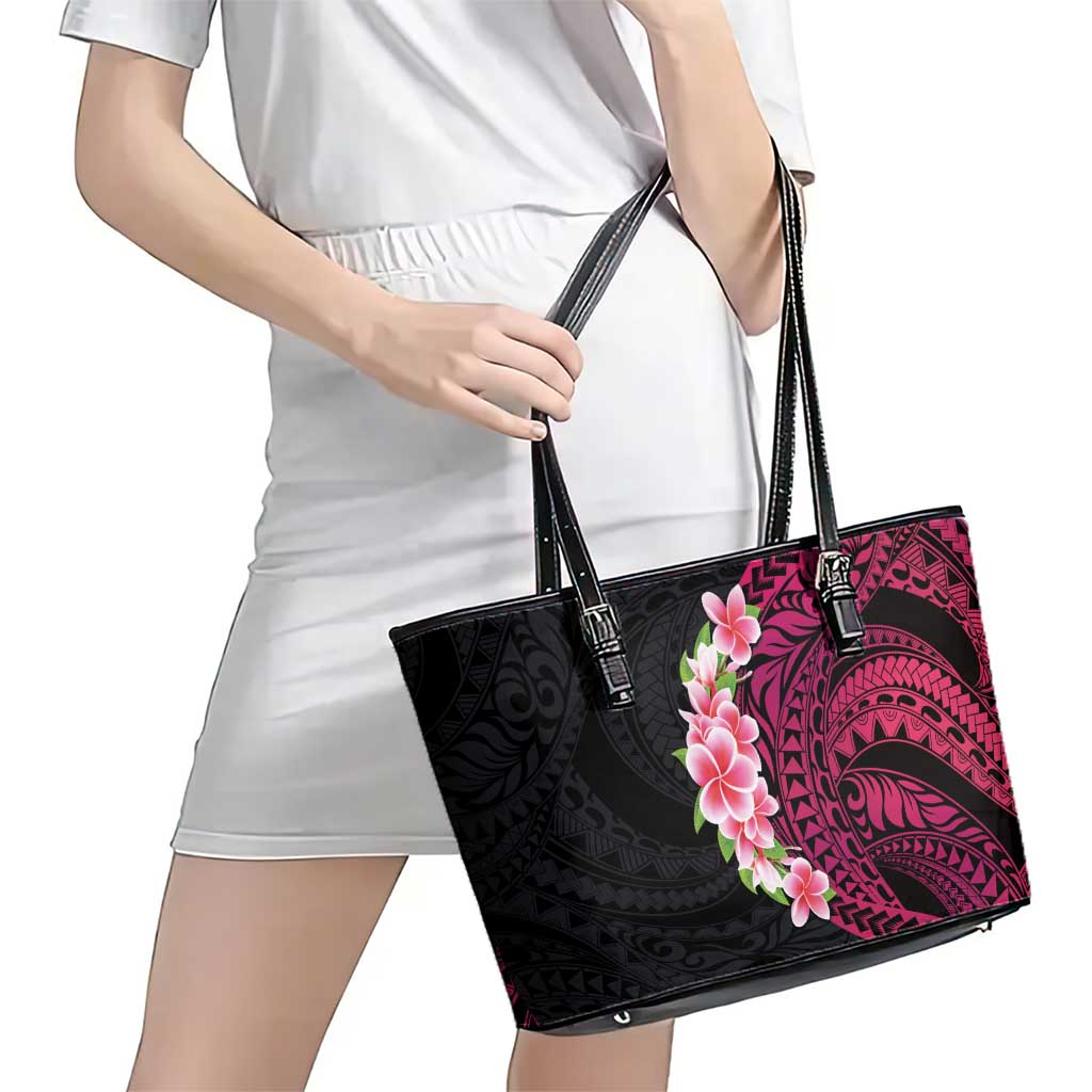 Hawaiian Tropical Plumeria Art Polynesian Tattoo Leather Tote Bag Black and Bright Pink Color LT03 - Polynesian Pride