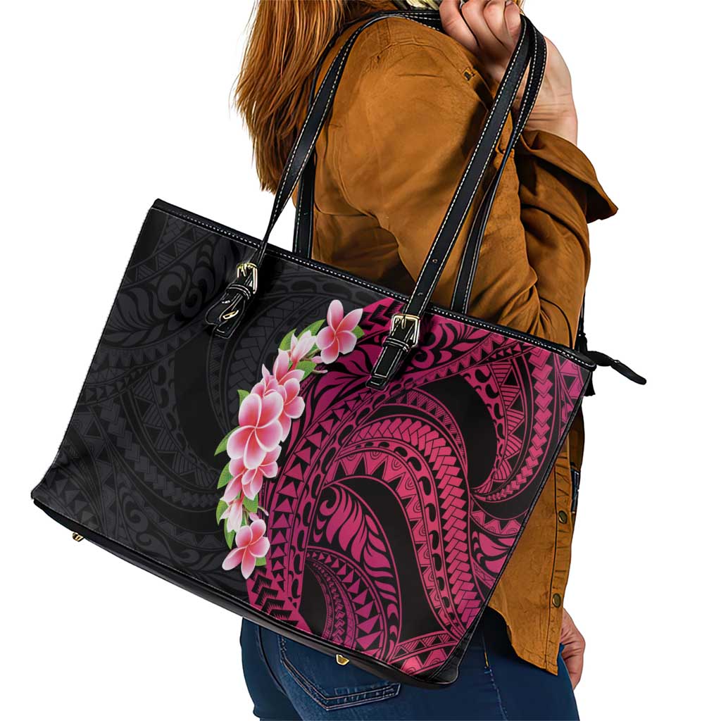 Hawaiian Tropical Plumeria Art Polynesian Tattoo Leather Tote Bag Black and Bright Pink Color LT03 - Polynesian Pride