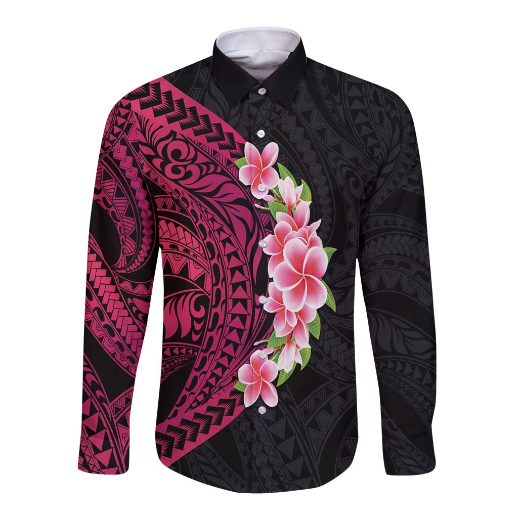 Hawaiian Tropical Plumeria Art Polynesian Tattoo Long Sleeve Button Shirt Black and Bright Pink Color LT03 Unisex Pink - Polynesian Pride