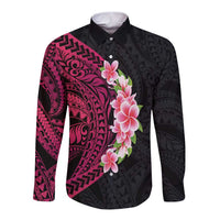 Hawaiian Tropical Plumeria Art Polynesian Tattoo Long Sleeve Button Shirt Black and Bright Pink Color LT03 Unisex Pink - Polynesian Pride