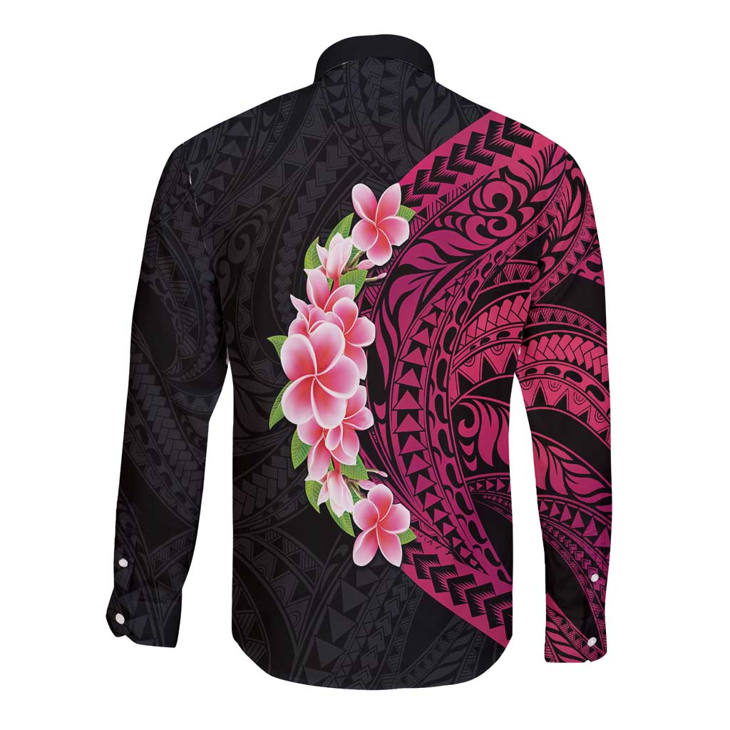 Hawaiian Tropical Plumeria Art Polynesian Tattoo Long Sleeve Button Shirt Black and Bright Pink Color LT03 - Polynesian Pride