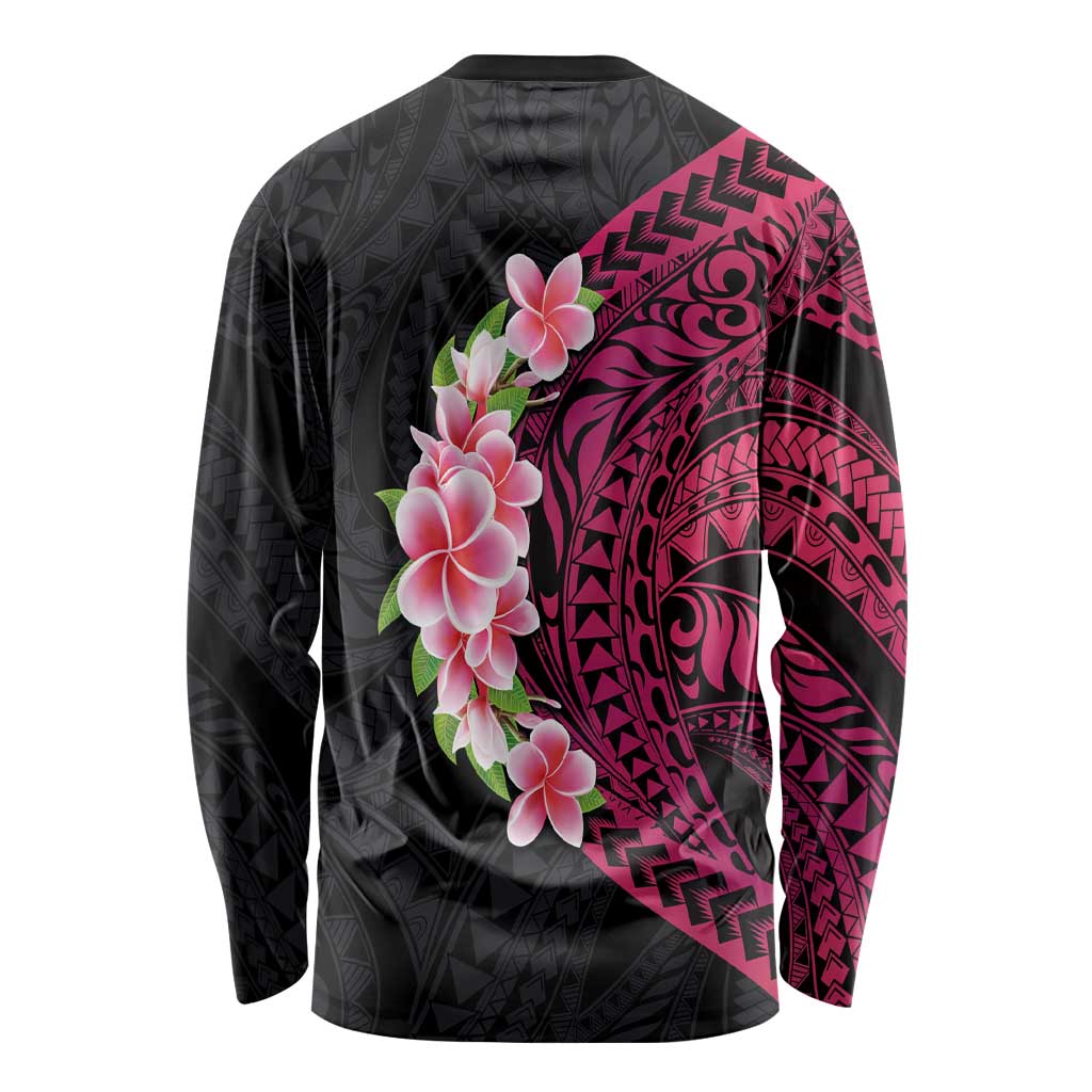 Hawaiian Tropical Plumeria Art Polynesian Tattoo Long Sleeve Shirt Black and Bright Pink Color LT03 - Polynesian Pride