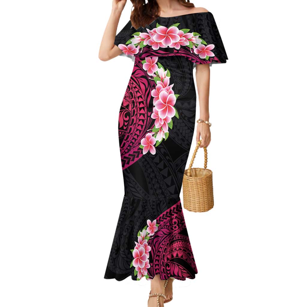 Hawaiian Tropical Plumeria Art Polynesian Tattoo Mermaid Dress Black and Bright Pink Color LT03 Women Pink - Polynesian Pride
