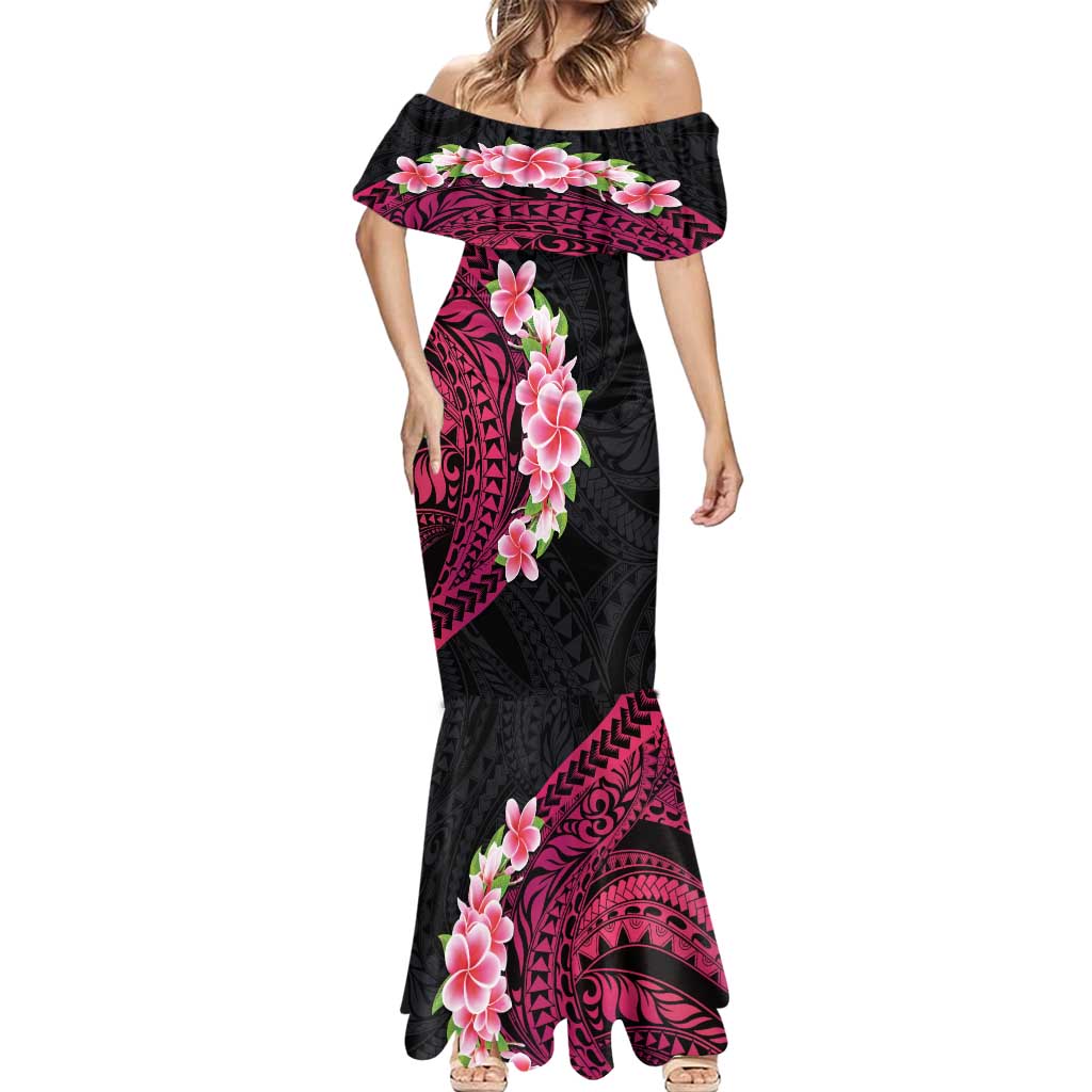 Hawaiian Tropical Plumeria Art Polynesian Tattoo Mermaid Dress Black and Bright Pink Color LT03 - Polynesian Pride