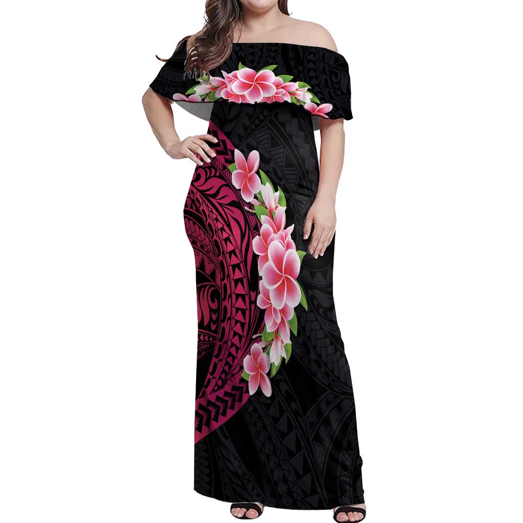 Hawaiian Tropical Plumeria Art Polynesian Tattoo Off Shoulder Maxi Dress Black and Bright Pink Color LT03 Women Pink - Polynesian Pride