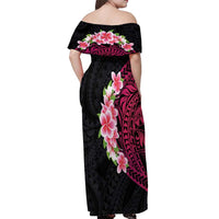 Hawaiian Tropical Plumeria Art Polynesian Tattoo Off Shoulder Maxi Dress Black and Bright Pink Color LT03 - Polynesian Pride