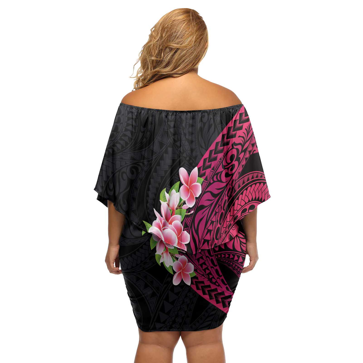 Hawaiian Tropical Plumeria Art Polynesian Tattoo Off Shoulder Short Dress Black and Bright Pink Color LT03 - Polynesian Pride