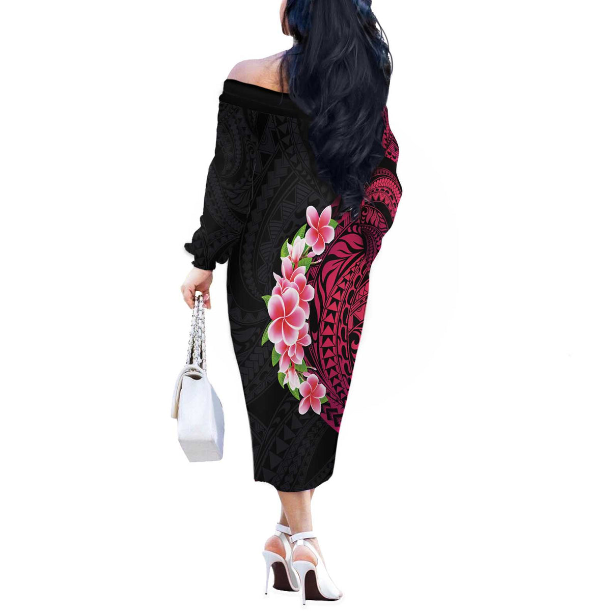 Hawaiian Tropical Plumeria Art Polynesian Tattoo Off The Shoulder Long Sleeve Dress Black and Bright Pink Color LT03 - Polynesian Pride