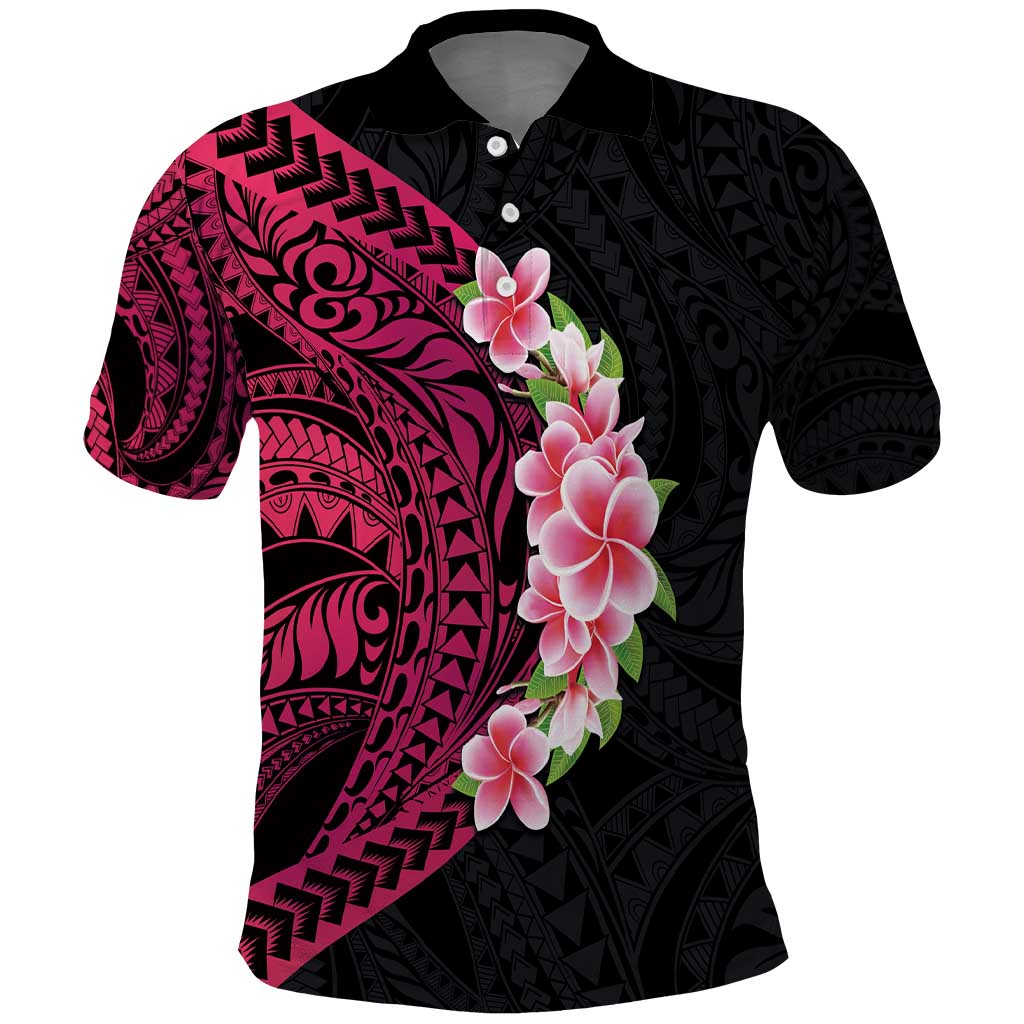 Hawaiian Tropical Plumeria Art Polynesian Tattoo Polo Shirt Black and Bright Pink Color LT03 Pink - Polynesian Pride