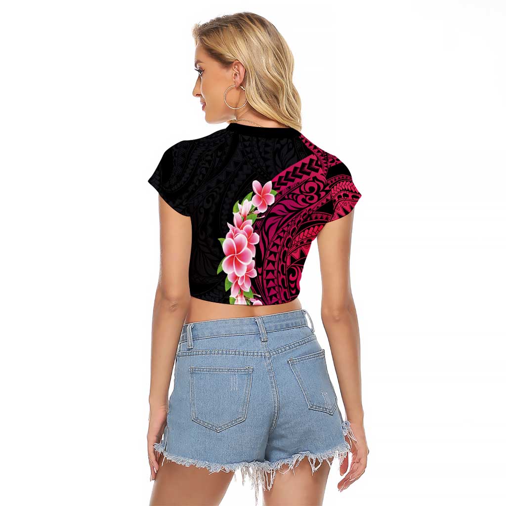 Hawaiian Tropical Plumeria Art Polynesian Tattoo Raglan Cropped T Shirt Black and Bright Pink Color LT03 - Polynesian Pride