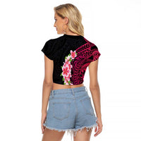 Hawaiian Tropical Plumeria Art Polynesian Tattoo Raglan Cropped T Shirt Black and Bright Pink Color LT03 - Polynesian Pride