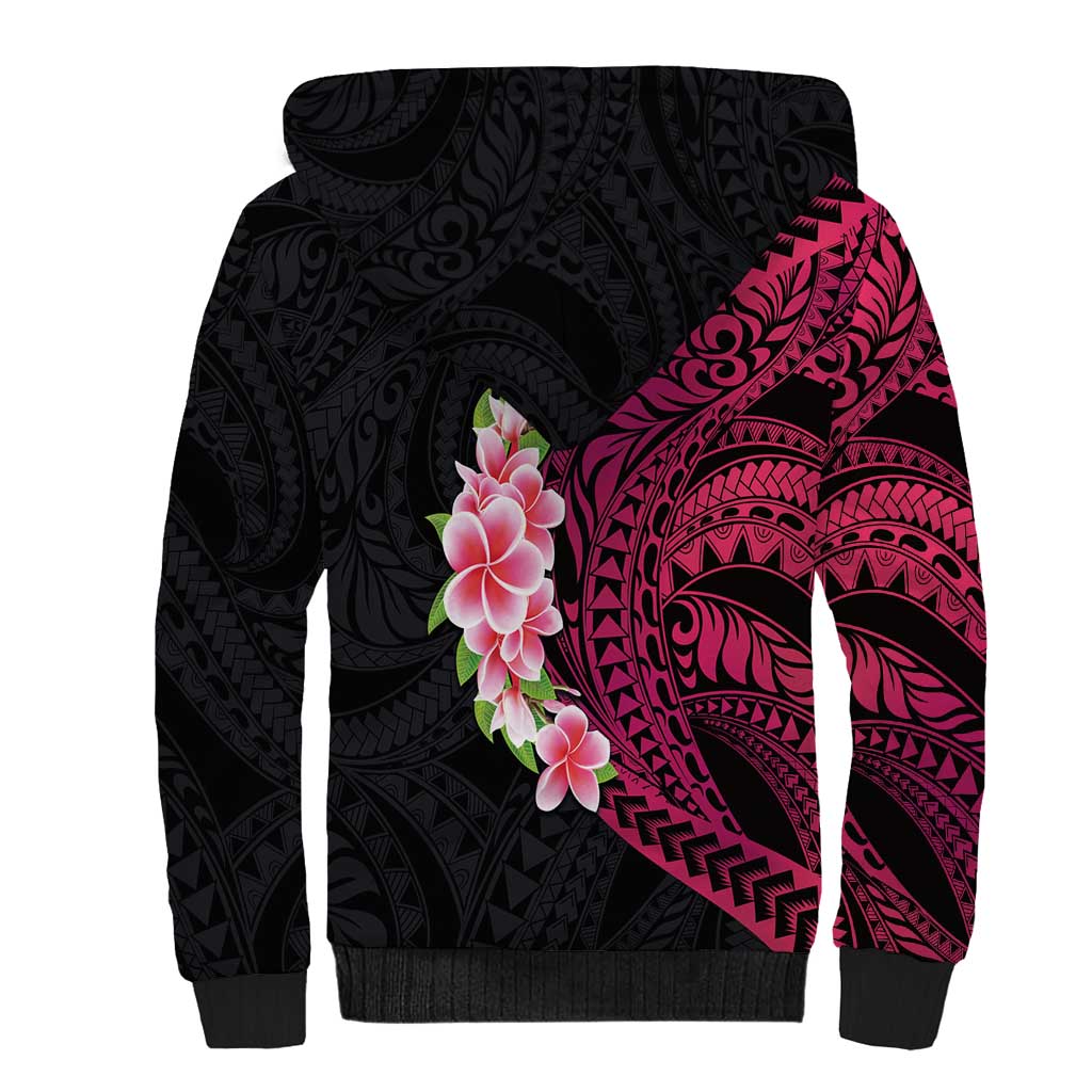 Hawaiian Tropical Plumeria Art Polynesian Tattoo Sherpa Hoodie Black and Bright Pink Color LT03 - Polynesian Pride