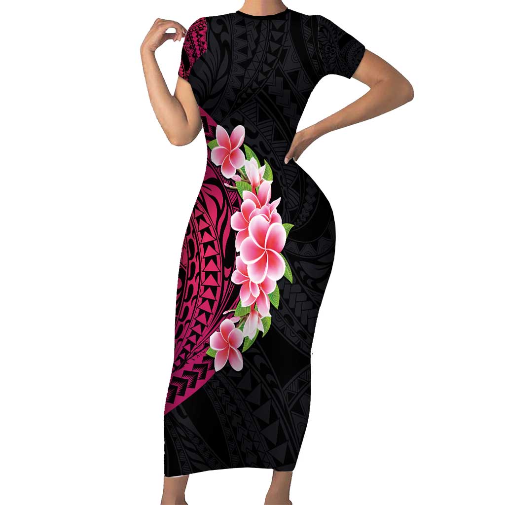 Hawaiian Tropical Plumeria Art Polynesian Tattoo Short Sleeve Bodycon Dress Black and Bright Pink Color LT03 Long Dress Pink - Polynesian Pride