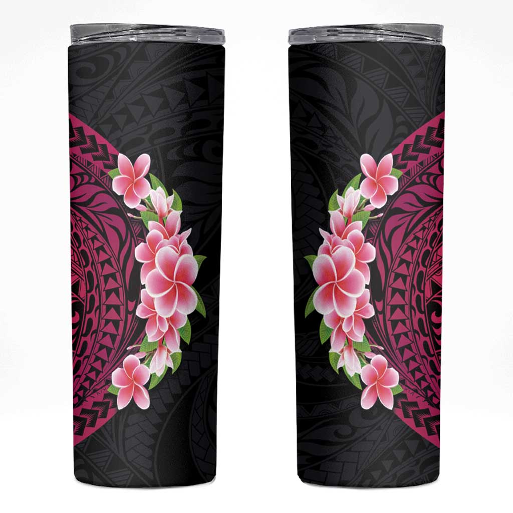 Hawaiian Tropical Plumeria Art Polynesian Tattoo Skinny Tumbler Black and Bright Pink Color LT03 Pink - Polynesian Pride