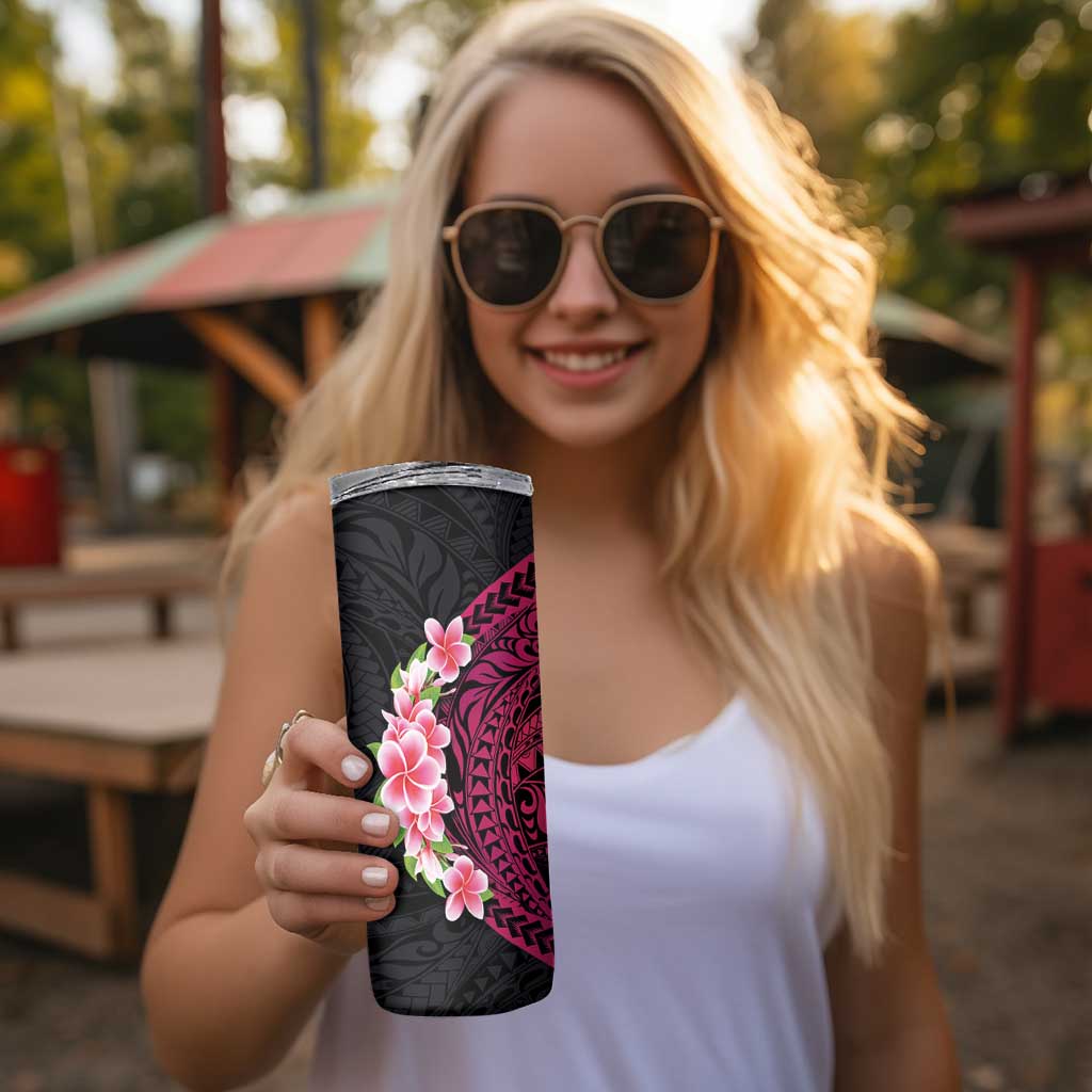 Hawaiian Tropical Plumeria Art Polynesian Tattoo Skinny Tumbler Black and Bright Pink Color LT03 - Polynesian Pride