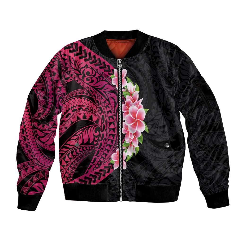 Hawaiian Tropical Plumeria Art Polynesian Tattoo Sleeve Zip Bomber Jacket Black and Bright Pink Color LT03 Unisex Pink - Polynesian Pride