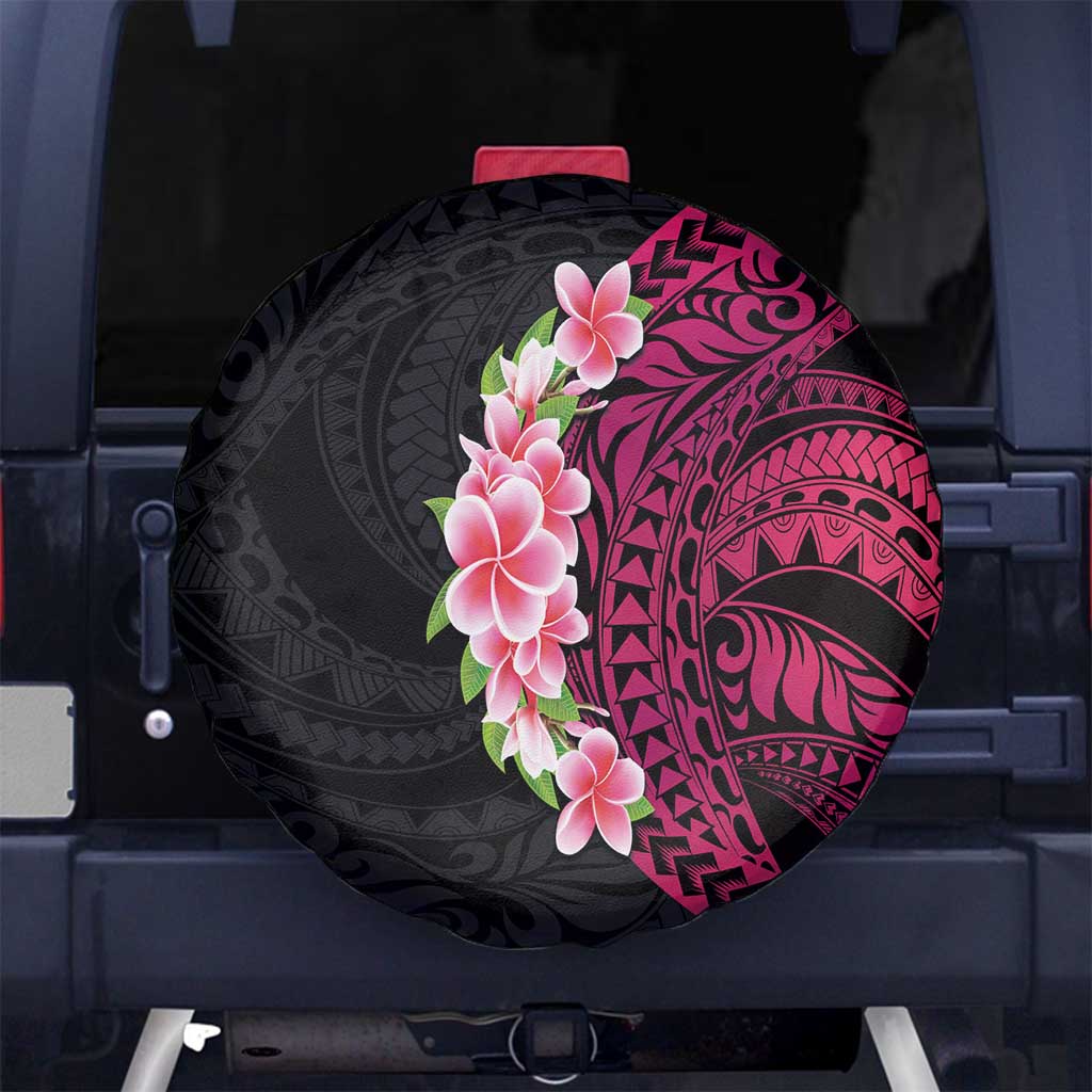 Hawaiian Tropical Plumeria Art Polynesian Tattoo Spare Tire Cover Black and Bright Pink Color LT03 - Polynesian Pride