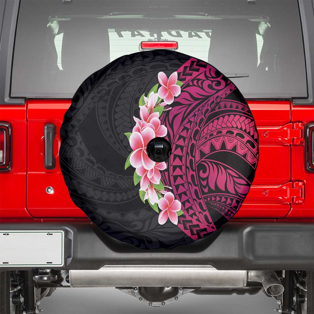 Hawaiian Tropical Plumeria Art Polynesian Tattoo Spare Tire Cover Black and Bright Pink Color LT03 - Polynesian Pride