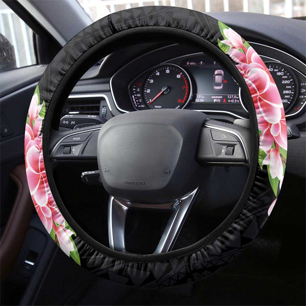 Hawaiian Tropical Plumeria Art Polynesian Tattoo Steering Wheel Cover Black and Bright Pink Color LT03 - Polynesian Pride