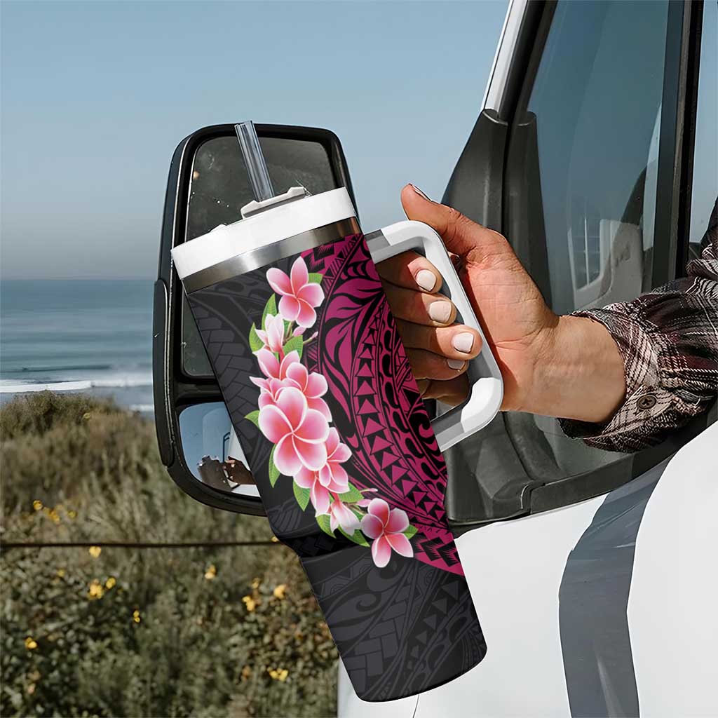 Hawaiian Tropical Plumeria Art Polynesian Tattoo Tumbler With Handle Black and Bright Pink Color LT03 - Polynesian Pride