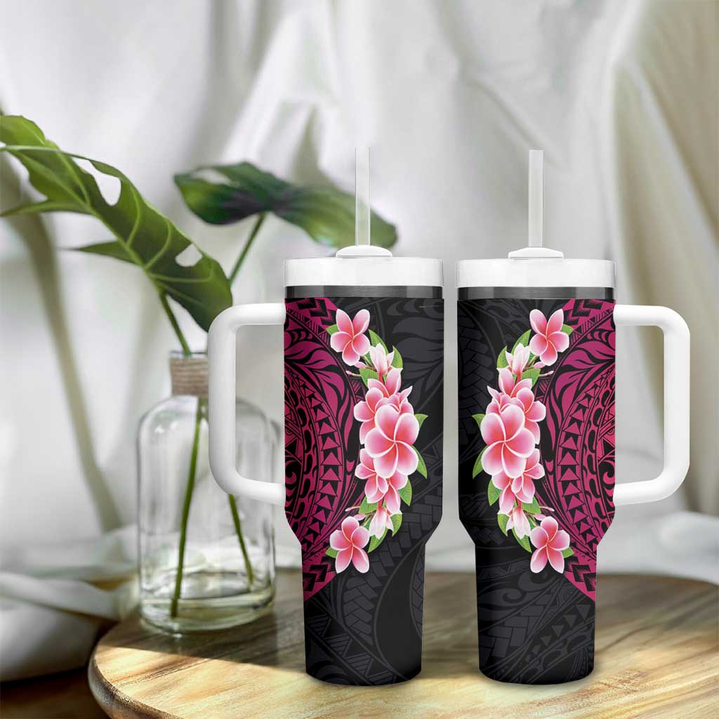Hawaiian Tropical Plumeria Art Polynesian Tattoo Tumbler With Handle Black and Bright Pink Color LT03 - Polynesian Pride