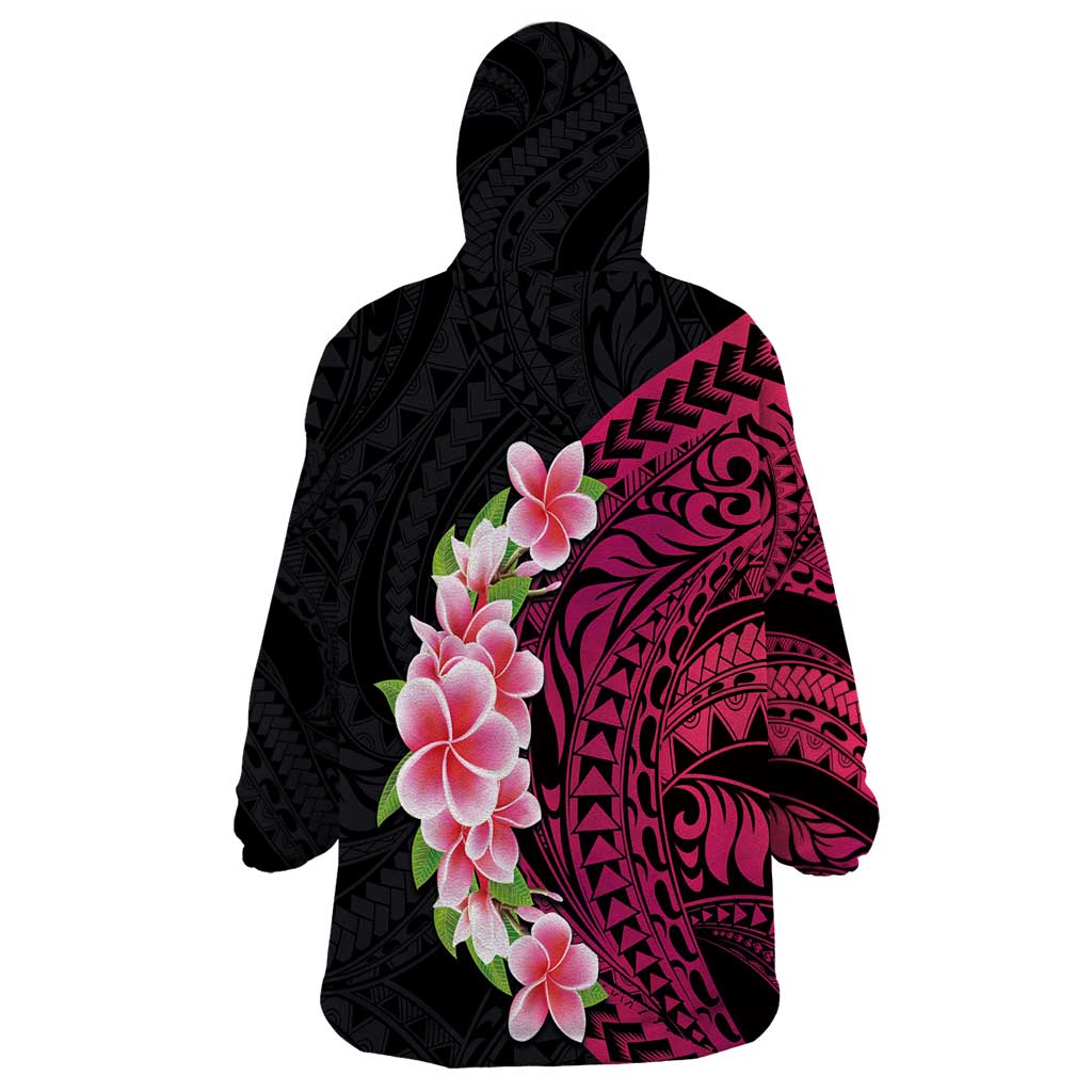 Hawaiian Tropical Plumeria Art Polynesian Tattoo Wearable Blanket Hoodie Black and Bright Pink Color LT03 - Polynesian Pride