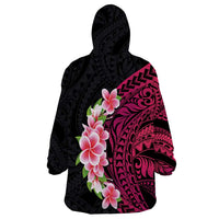Hawaiian Tropical Plumeria Art Polynesian Tattoo Wearable Blanket Hoodie Black and Bright Pink Color LT03 - Polynesian Pride