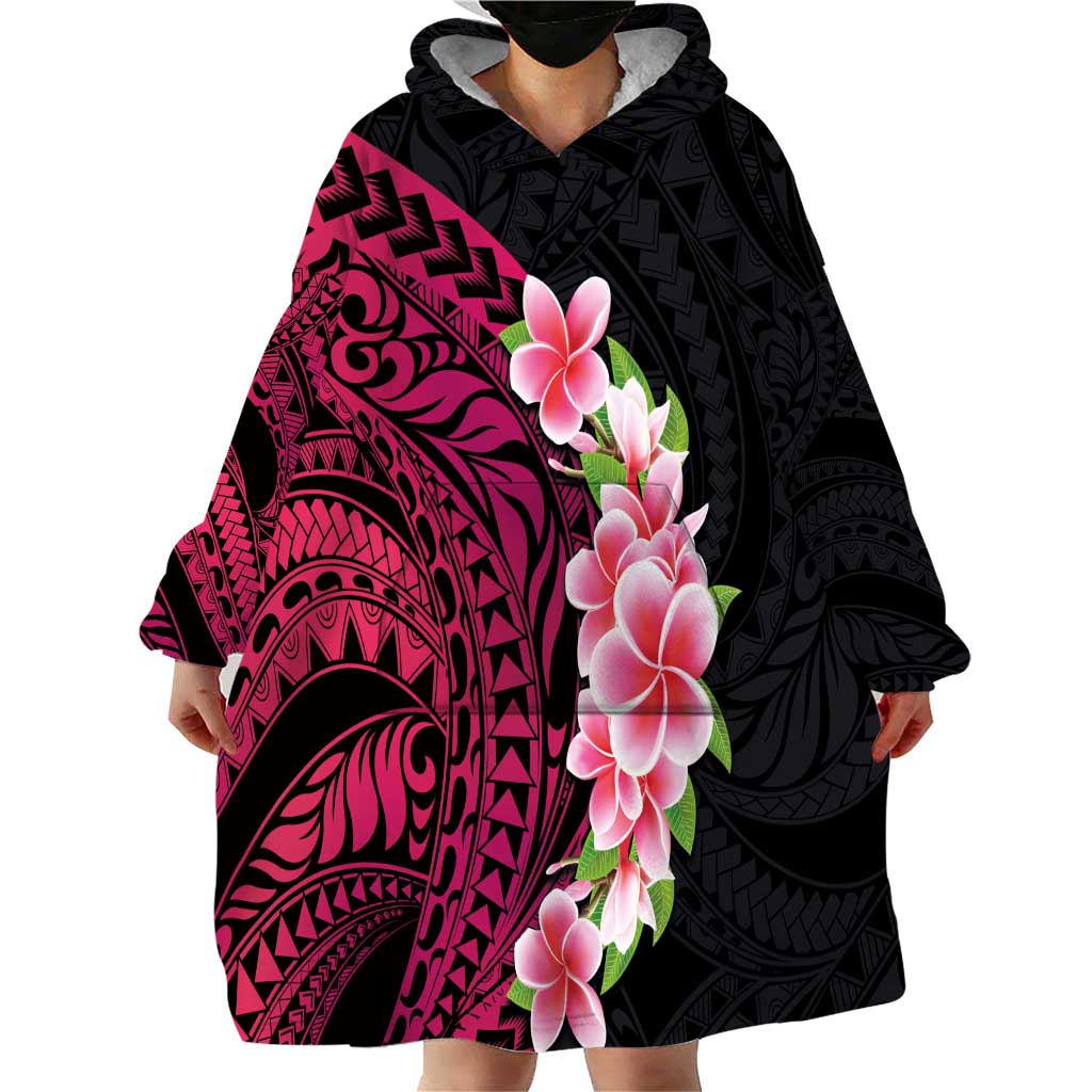 Hawaiian Tropical Plumeria Art Polynesian Tattoo Wearable Blanket Hoodie Black and Bright Pink Color LT03 - Polynesian Pride