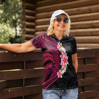 Hawaiian Tropical Plumeria Art Polynesian Tattoo Women Polo Shirt Black and Bright Pink Color