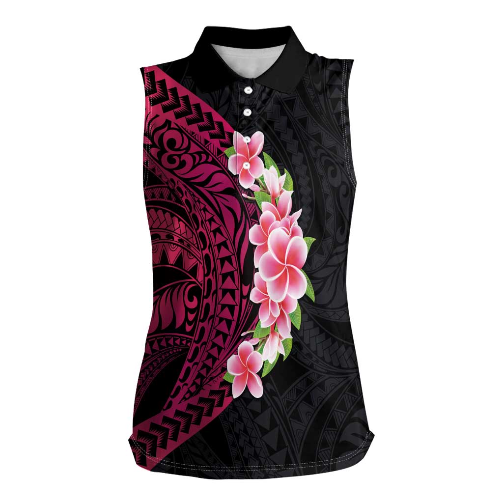Hawaiian Tropical Plumeria Art Polynesian Tattoo Women Sleeveless Polo Shirt Black and Bright Pink Color LT03 Female Pink - Polynesian Pride