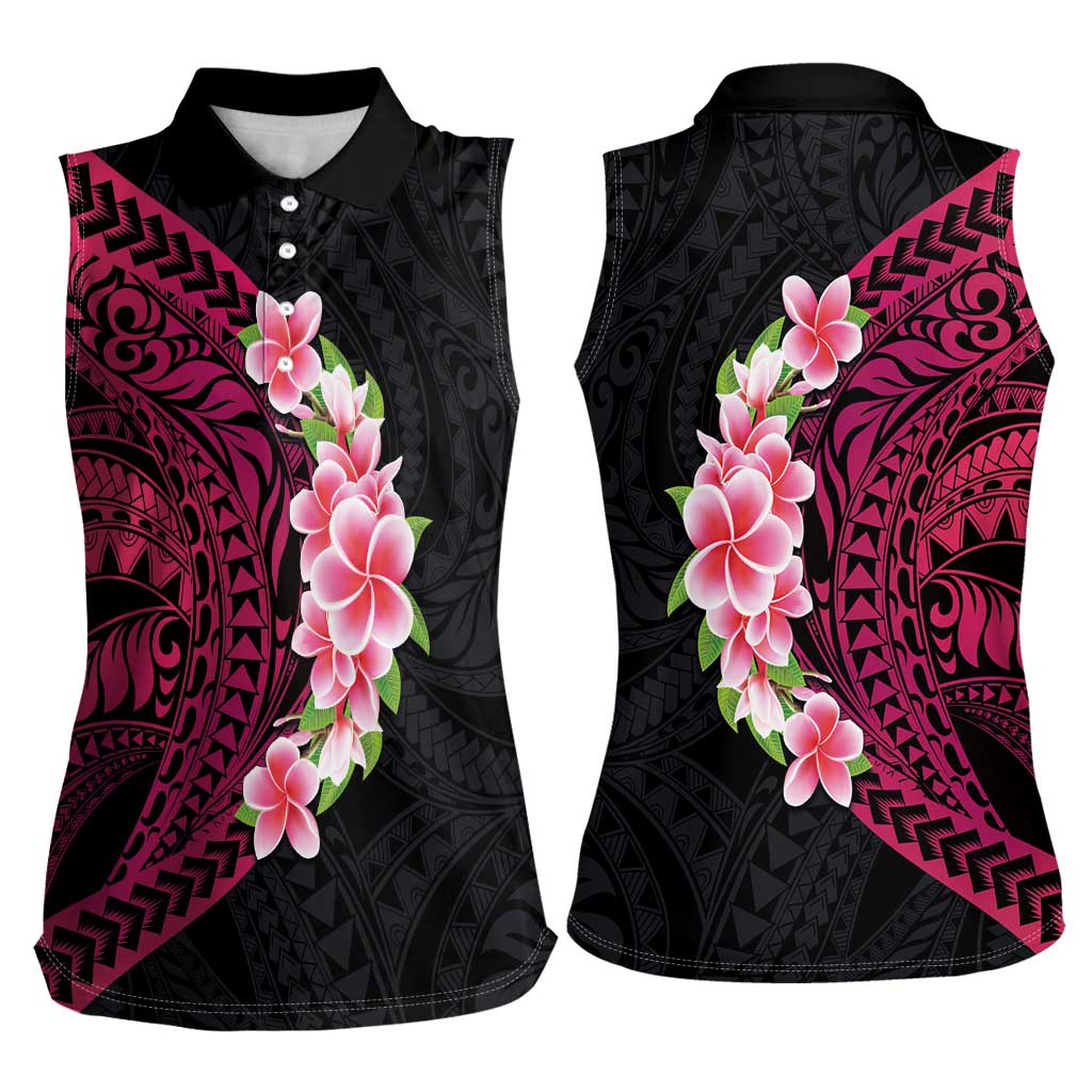 Hawaiian Tropical Plumeria Art Polynesian Tattoo Women Sleeveless Polo Shirt Black and Bright Pink Color LT03 - Polynesian Pride