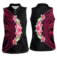 Hawaiian Tropical Plumeria Art Polynesian Tattoo Women Sleeveless Polo Shirt Black and Bright Pink Color LT03 - Polynesian Pride