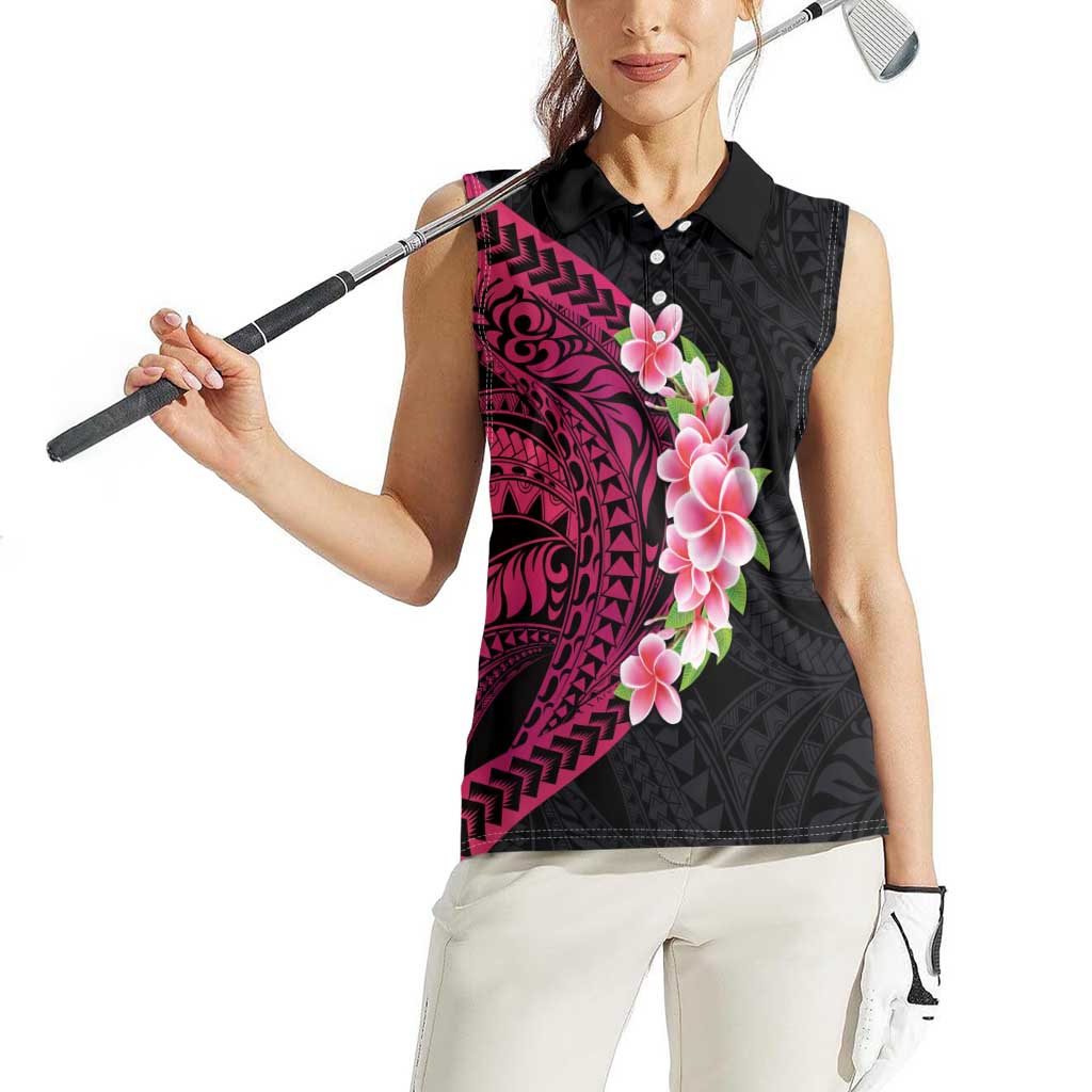 Hawaiian Tropical Plumeria Art Polynesian Tattoo Women Sleeveless Polo Shirt Black and Bright Pink Color LT03 - Polynesian Pride