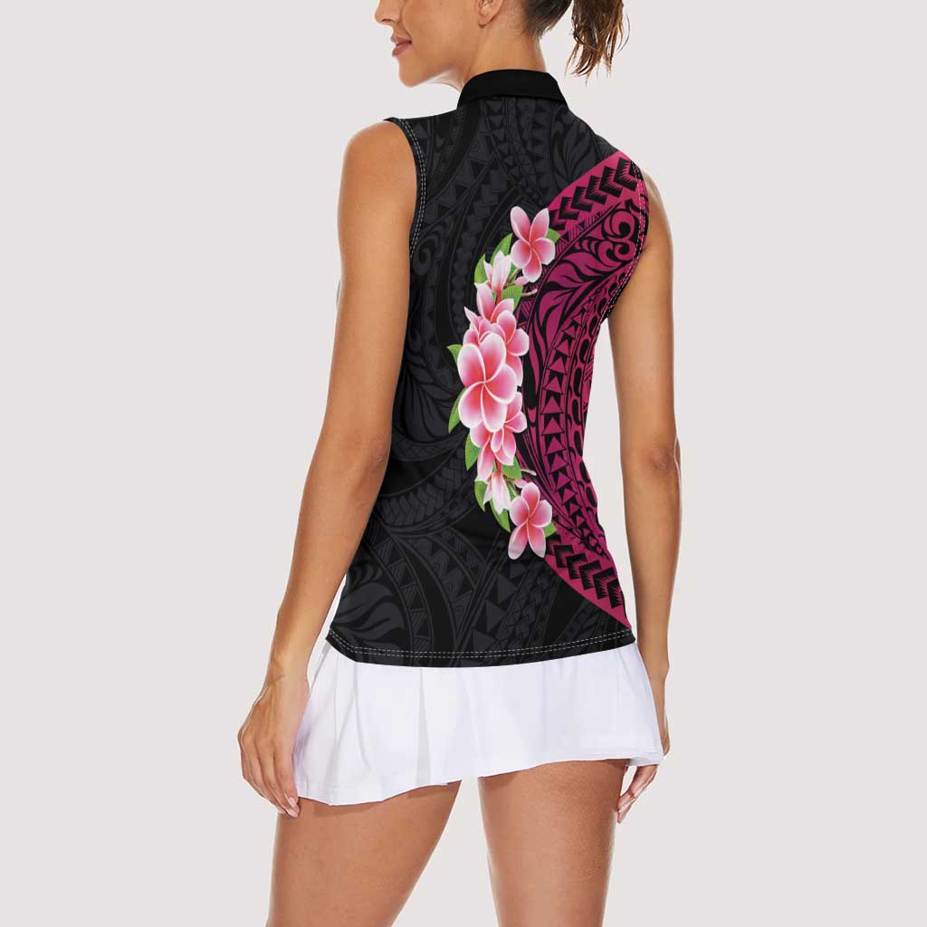 Hawaiian Tropical Plumeria Art Polynesian Tattoo Women Sleeveless Polo Shirt Black and Bright Pink Color LT03 - Polynesian Pride