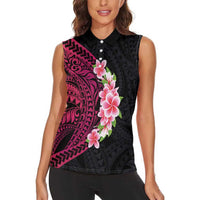 Hawaiian Tropical Plumeria Art Polynesian Tattoo Women Sleeveless Polo Shirt Black and Bright Pink Color LT03 - Polynesian Pride