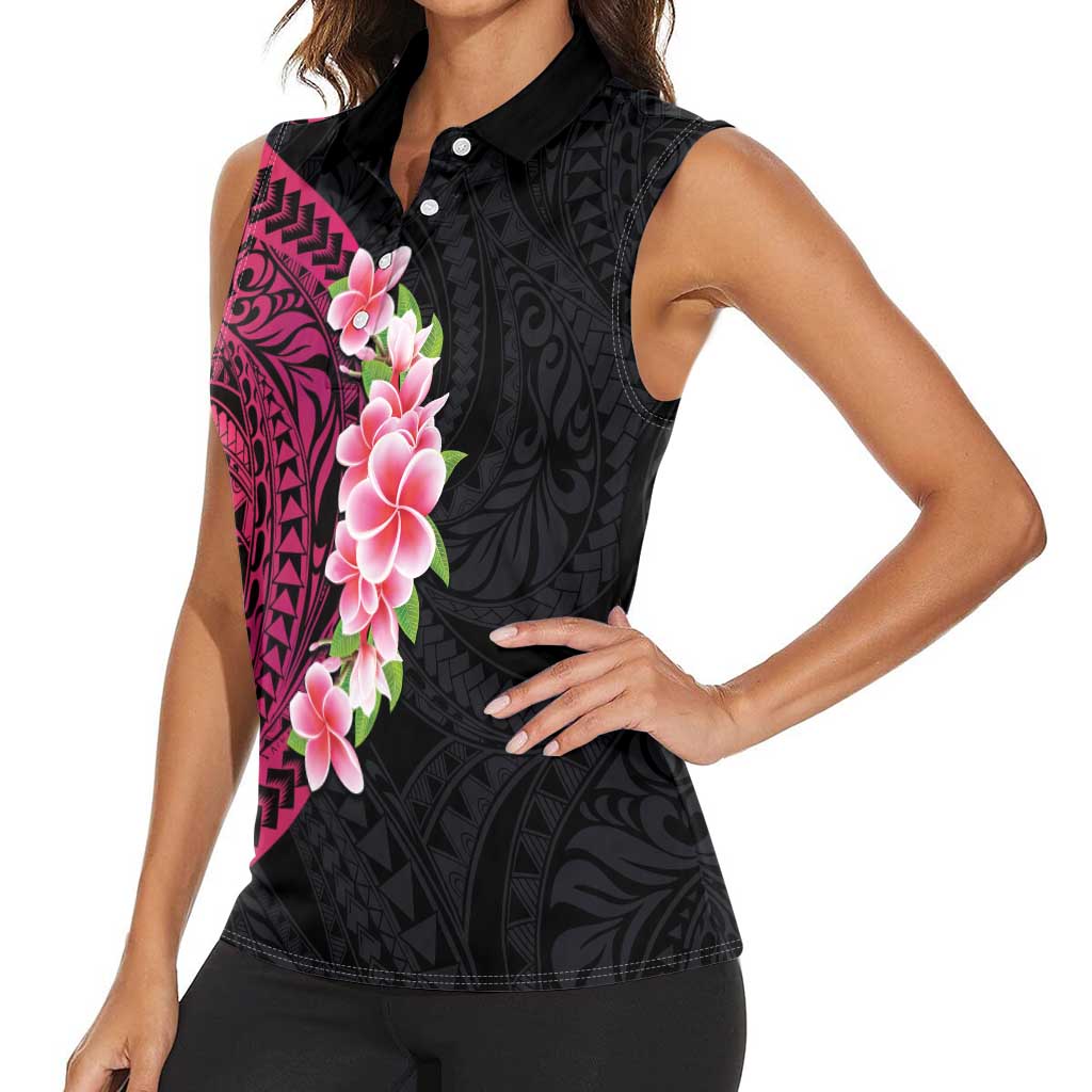 Hawaiian Tropical Plumeria Art Polynesian Tattoo Women Sleeveless Polo Shirt Black and Bright Pink Color LT03 - Polynesian Pride