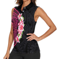 Hawaiian Tropical Plumeria Art Polynesian Tattoo Women Sleeveless Polo Shirt Black and Bright Pink Color LT03 - Polynesian Pride