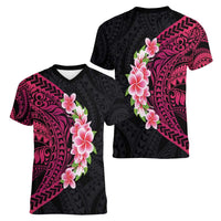 Hawaiian Tropical Plumeria Art Polynesian Tattoo Women V-Neck T-Shirt Black and Bright Pink Color LT03 - Polynesian Pride
