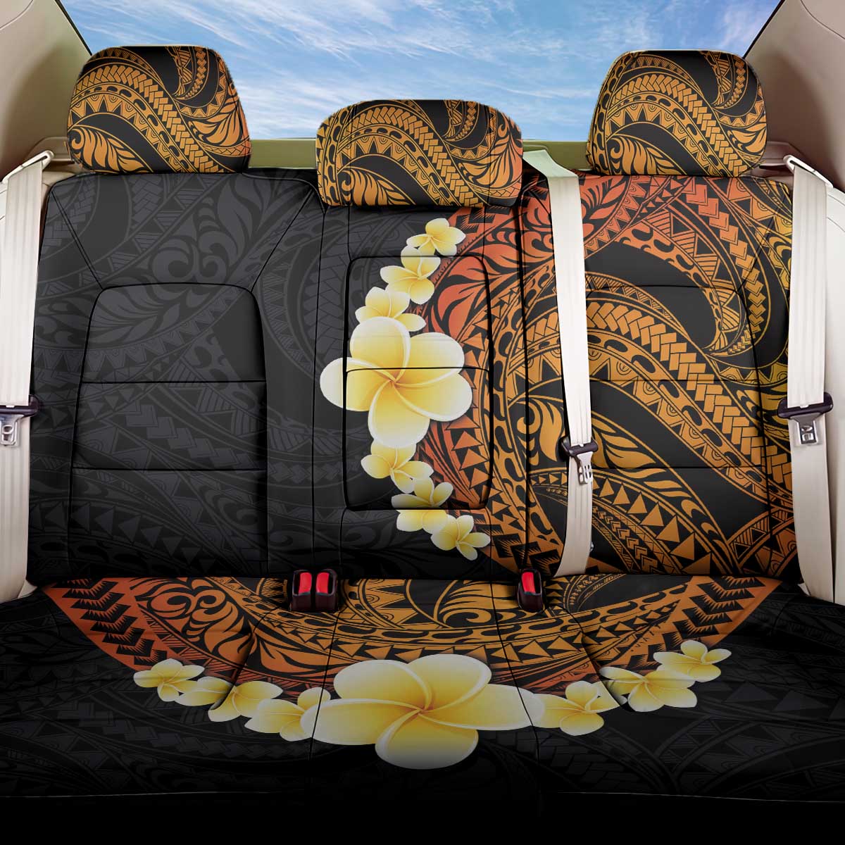 Hawaiian Tropical Plumeria Art Polynesian Tattoo Back Car Seat Cover Black and Autumn Color Theme LT03 One Size Orange - Polynesian Pride