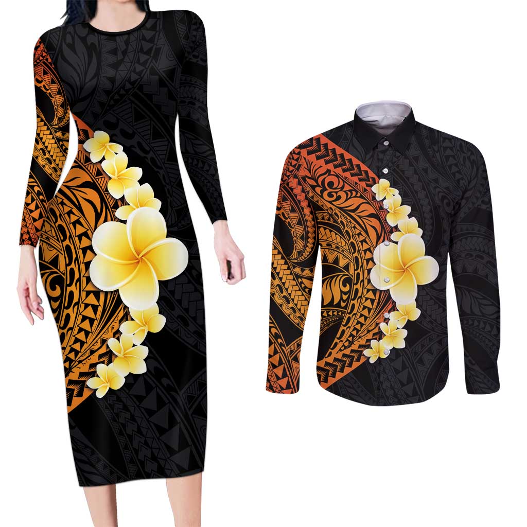 Hawaiian Tropical Plumeria Art Polynesian Tattoo Couples Matching Long Sleeve Bodycon Dress and Long Sleeve Button Shirt Black and Autumn Color Theme LT03 Orange - Polynesian Pride