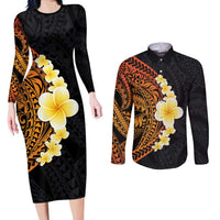 Hawaiian Tropical Plumeria Art Polynesian Tattoo Couples Matching Long Sleeve Bodycon Dress and Long Sleeve Button Shirt Black and Autumn Color Theme LT03 Orange - Polynesian Pride