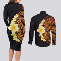 Hawaiian Tropical Plumeria Art Polynesian Tattoo Couples Matching Long Sleeve Bodycon Dress and Long Sleeve Button Shirt Black and Autumn Color Theme LT03 - Polynesian Pride