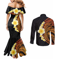 Hawaiian Tropical Plumeria Art Polynesian Tattoo Couples Matching Mermaid Dress and Long Sleeve Button Shirt Black and Autumn Color Theme LT03 - Polynesian Pride