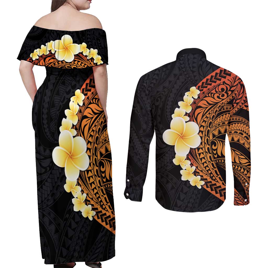 Hawaiian Tropical Plumeria Art Polynesian Tattoo Couples Matching Off Shoulder Maxi Dress and Long Sleeve Button Shirt Black and Autumn Color Theme LT03 - Polynesian Pride