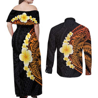 Hawaiian Tropical Plumeria Art Polynesian Tattoo Couples Matching Off Shoulder Maxi Dress and Long Sleeve Button Shirt Black and Autumn Color Theme LT03 - Polynesian Pride