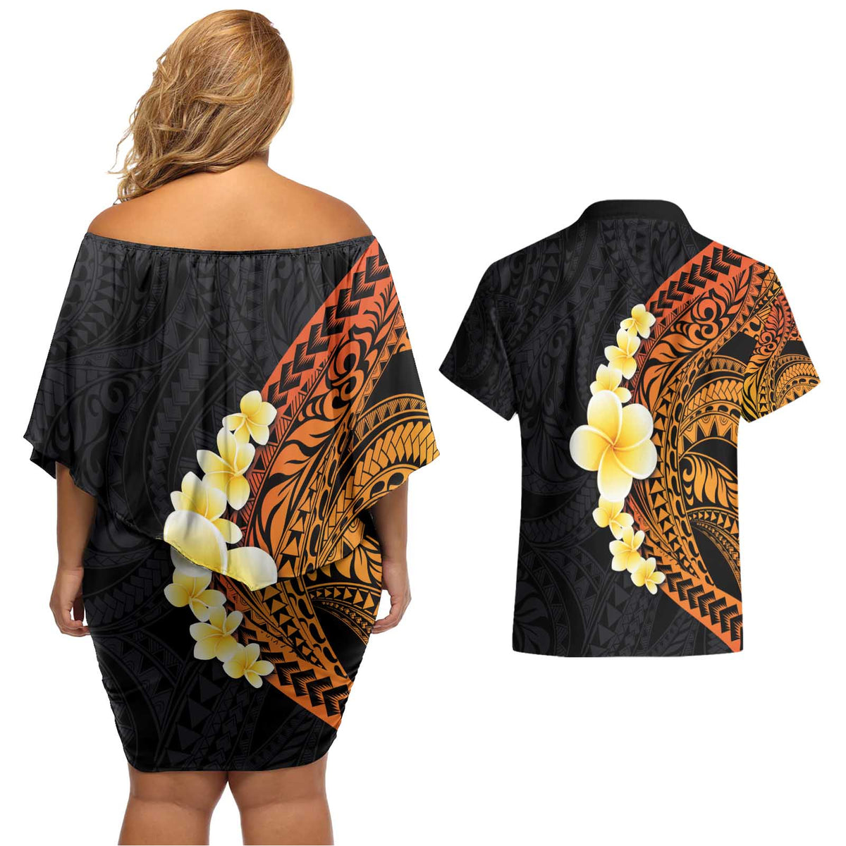 Hawaiian Tropical Plumeria Art Polynesian Tattoo Couples Matching Off Shoulder Short Dress and Hawaiian Shirt Black and Autumn Color Theme LT03 - Polynesian Pride
